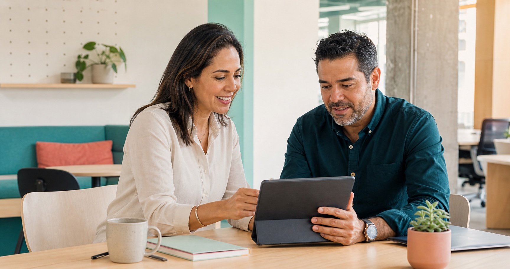 Dos profesionales adultos revisando información en una tableta