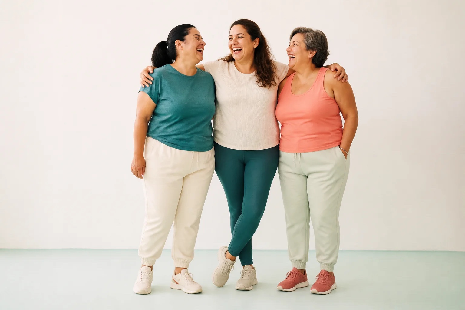 Tres mujeres adultas compartiendo un momento alegre
