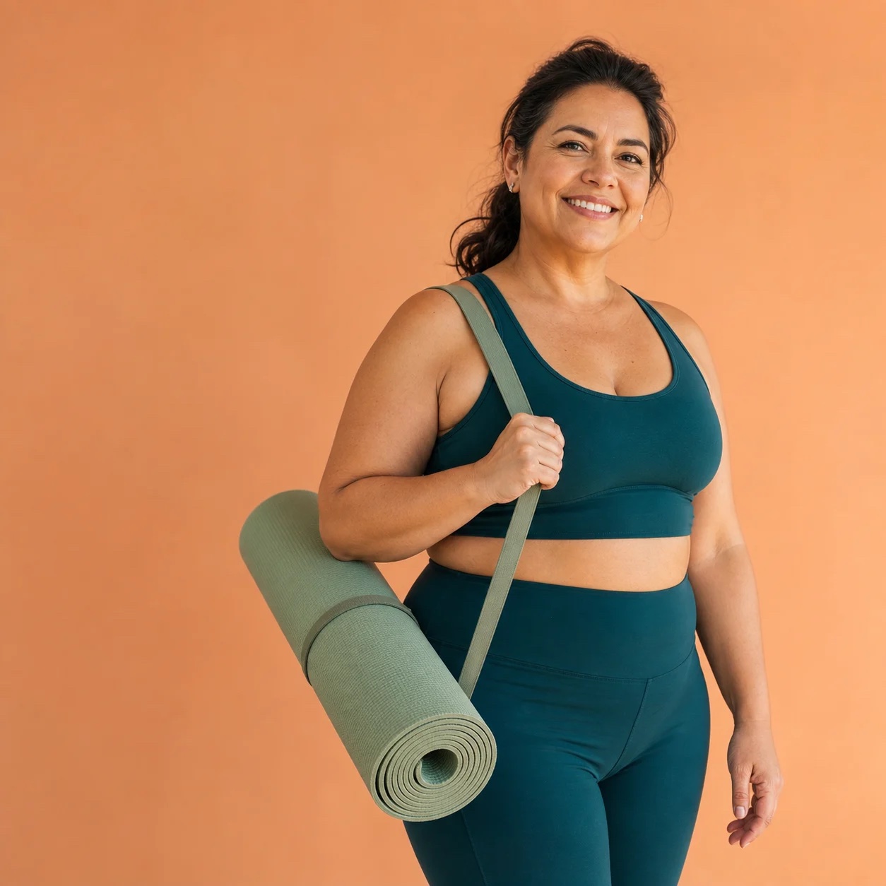 Mujer adulta sonriente sosteniendo un tapete de yoga
