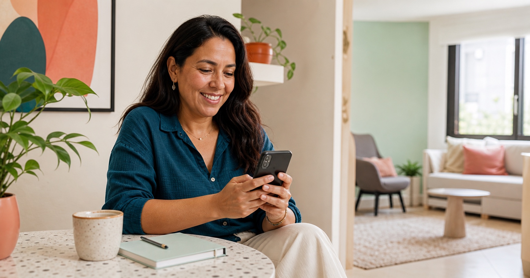 Mujer adulta consultando una experiencia digital en su teléfono